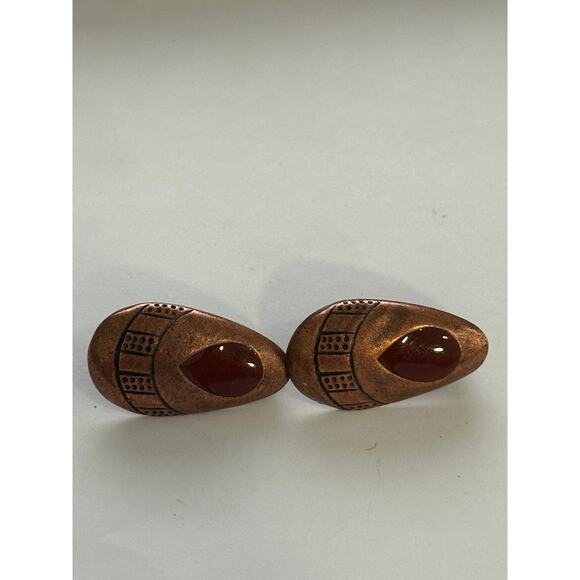 Vintage Solid Copper Red Enamel Clip On Earrings - Picture 1 of 2